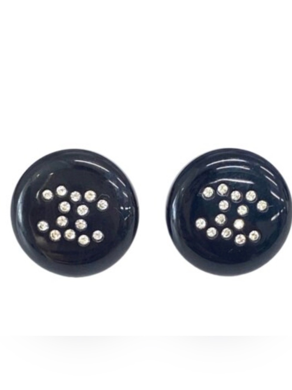 Chanel Black Round Button Earrings with Crystal Accents